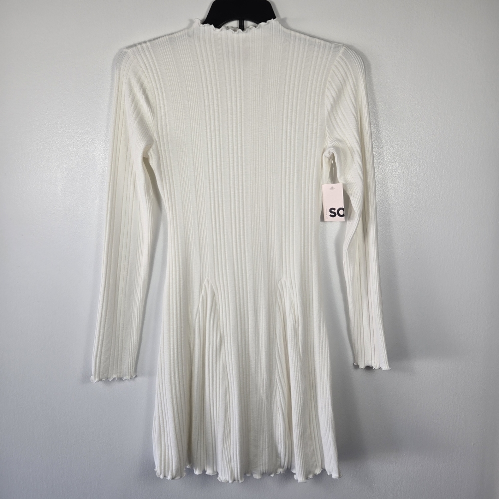 NEW SO Winter White Ribbed Mock Neck Ruffled Hem Long Sleeve Skater Dress Small